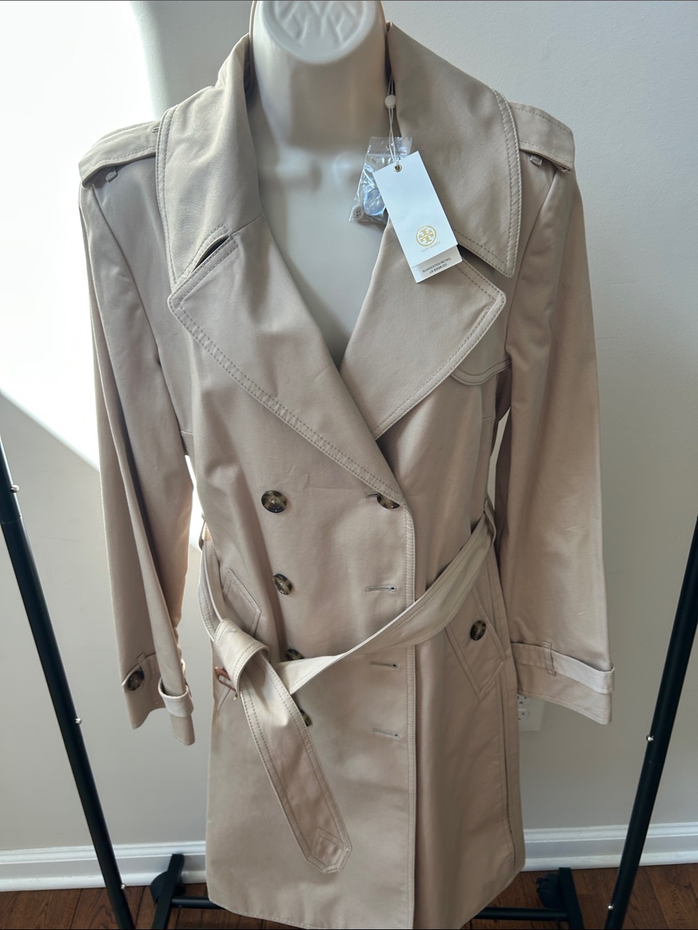 Tory Burch Light Beige Double-Breasted Trench Coat with Belt